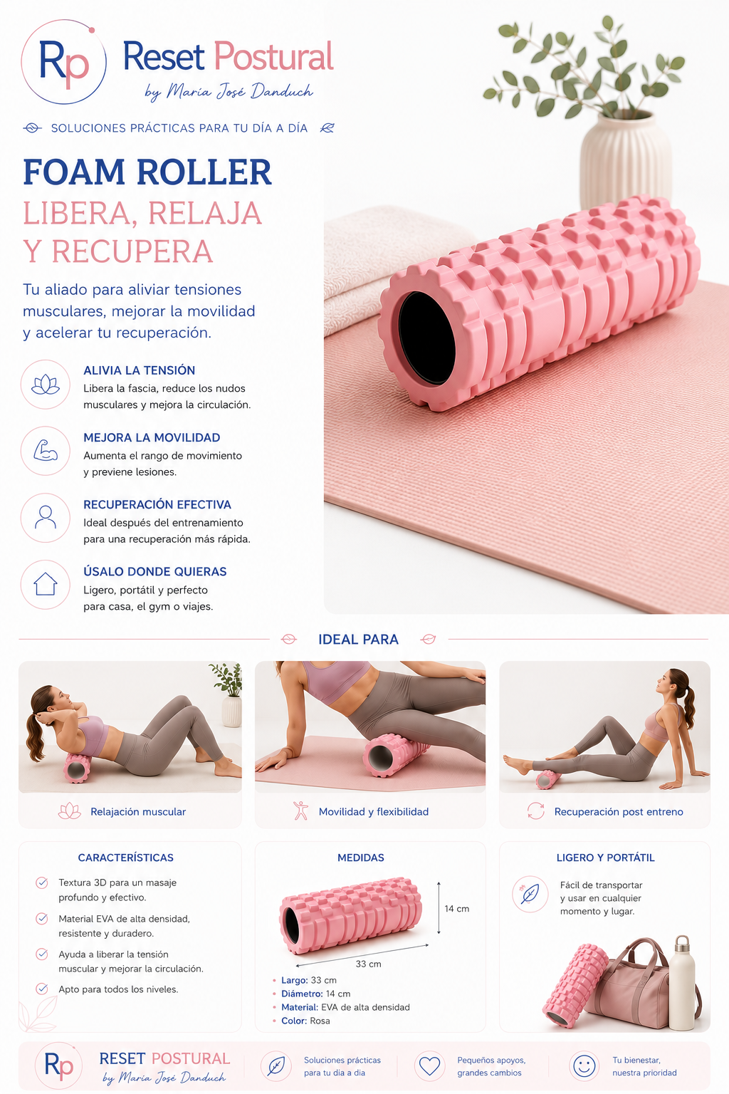 Foam Roller de Masaje EVA Alta Densidad | Libera tensión, mejora tu movilidad y acelera tu recuperación - Imagen 2